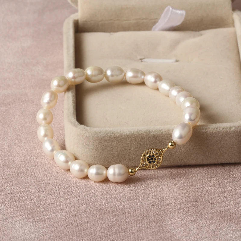 Natural Freshwater Pearl Hamsa Hand Turkish Blue Evil Eye Bracelets Bangle With Cubic Zirconium For Women Charms Jewelry Making