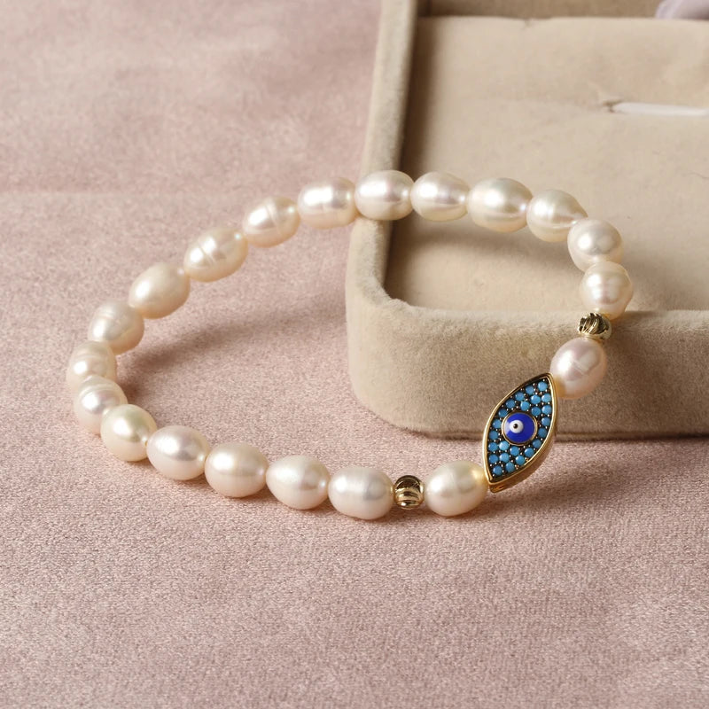 Natural Freshwater Pearl Hamsa Hand Turkish Blue Evil Eye Bracelets Bangle With Cubic Zirconium For Women Charms Jewelry Making