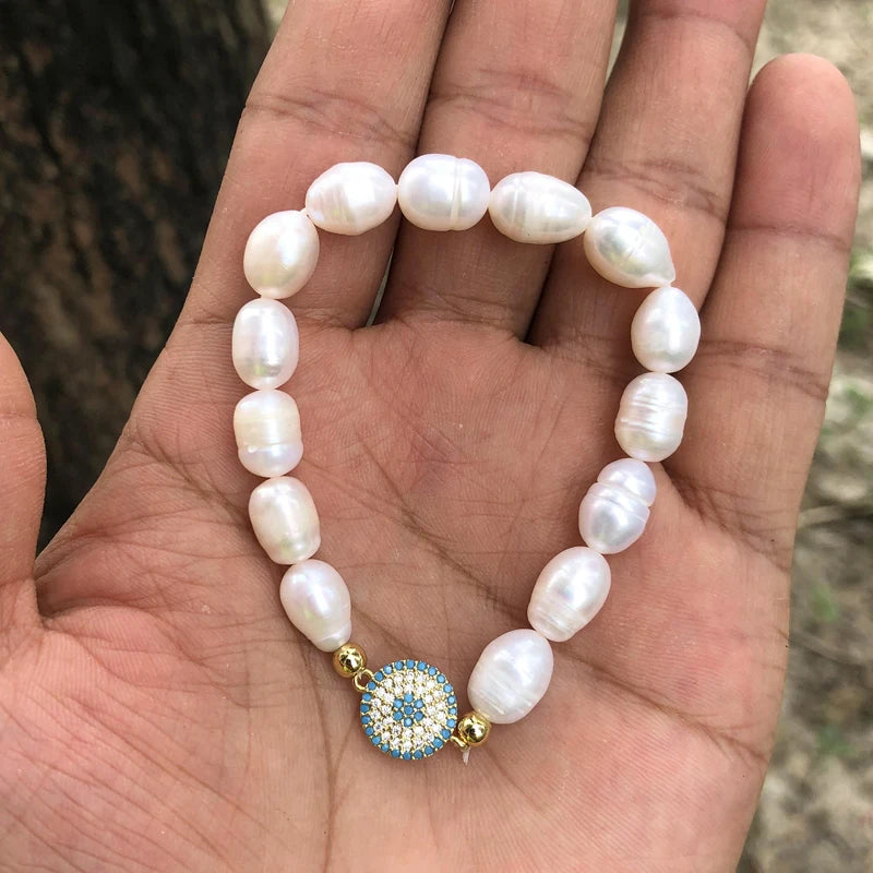 Natural Freshwater Pearl Hamsa Hand Turkish Blue Evil Eye Bracelets Bangle With Cubic Zirconium For Women Charms Jewelry Making