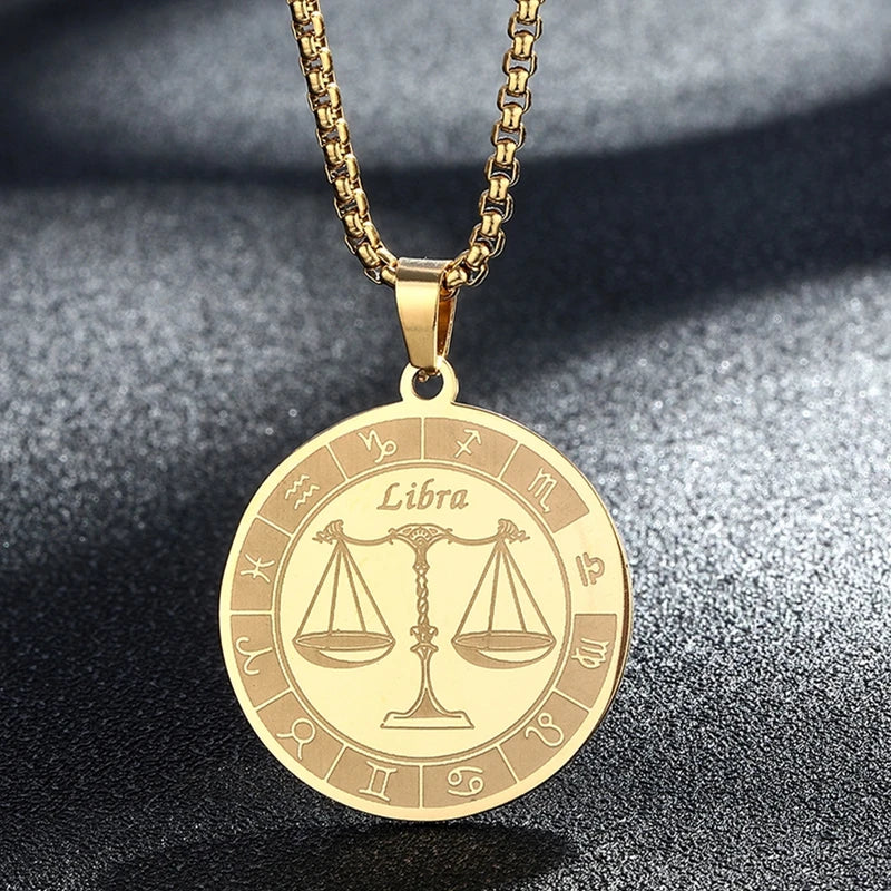 Stainless Steel Zodiac Sign Necklace For Women Men 12 Constellation Libra Symbol Pendant Necklace Amulet Collar
