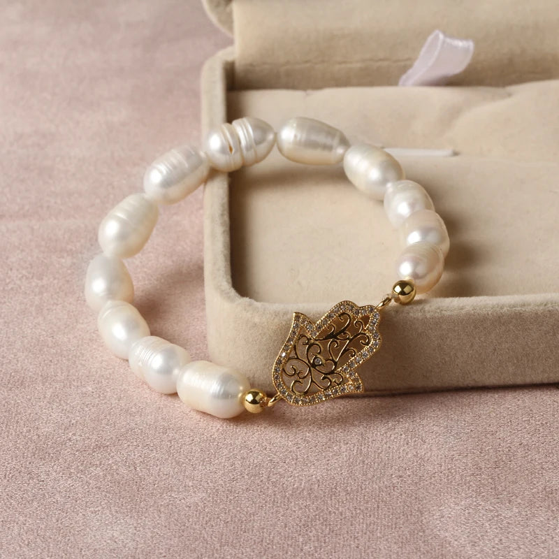 Natural Freshwater Pearl Hamsa Hand Turkish Blue Evil Eye Bracelets Bangle With Cubic Zirconium For Women Charms Jewelry Making