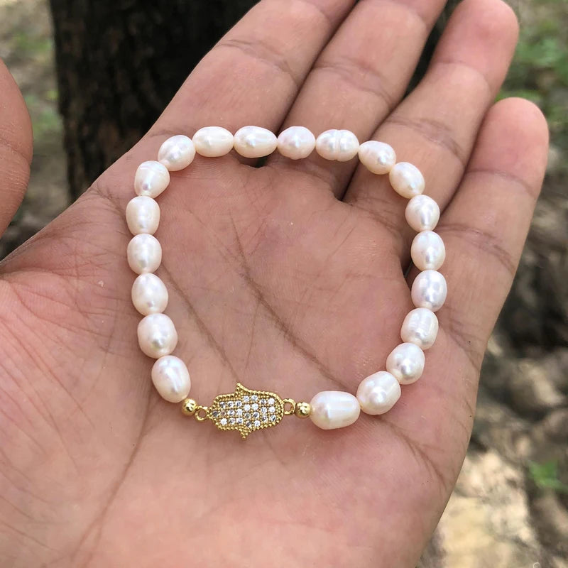 Natural Freshwater Pearl Hamsa Hand Turkish Blue Evil Eye Bracelets Bangle With Cubic Zirconium For Women Charms Jewelry Making