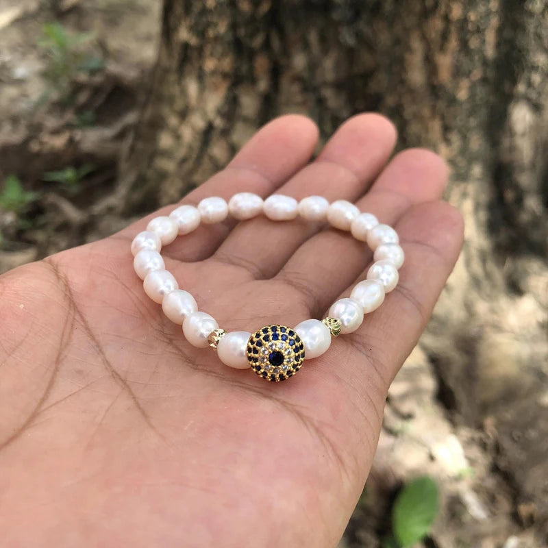 Natural Freshwater Pearl Hamsa Hand Turkish Blue Evil Eye Bracelets Bangle With Cubic Zirconium For Women Charms Jewelry Making