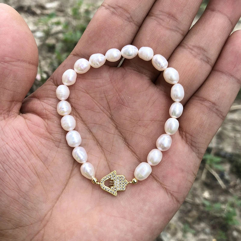 Natural Freshwater Pearl Hamsa Hand Turkish Blue Evil Eye Bracelets Bangle With Cubic Zirconium For Women Charms Jewelry Making