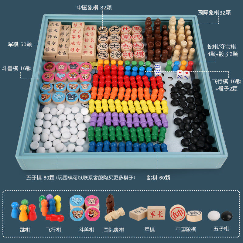 Wooden Children's Educational Nine-in-One Multifunctional Game Chess Checkers Flying Chess Gobang Colosseum Chess Toy