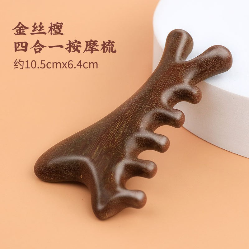 Sandalwood Massage Comb, Meridian Comb, Wide-Tooth Comb, Hair Therapy Tool, Five-Tooth Comb, Wooden Comb, Meridian Massage Comb for Home Use