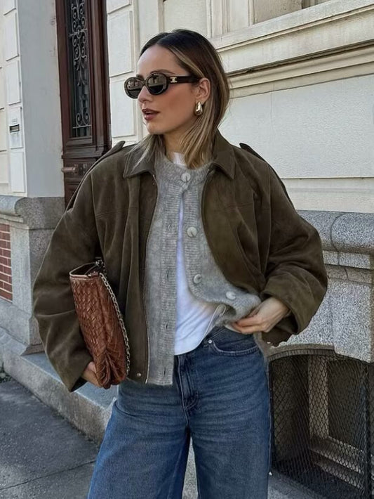 European and American Cross-Border Women's Clothing 2025 Early Spring New Fashion Suede Casual Style Versatile Casual Simple Aviator Jacket