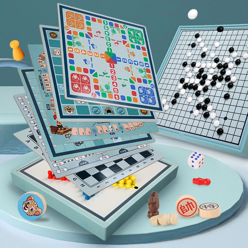 Wooden Children's Educational Nine-in-One Multifunctional Game Chess Checkers Flying Chess Gobang Colosseum Chess Toy