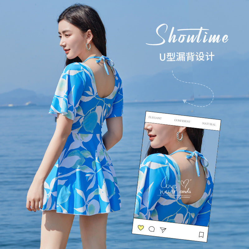 New women's swimsuit U-shaped backless design one-piece skirt safety pants anti-exposure plus chest pad small fresh swimsuit