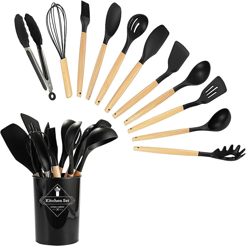 Wholesale Wooden Handle Silicone Kitchenware 12 Pieces suit Household Non-Stick Cooking High Temperature Resistant Cooking Silicone Spoon suit