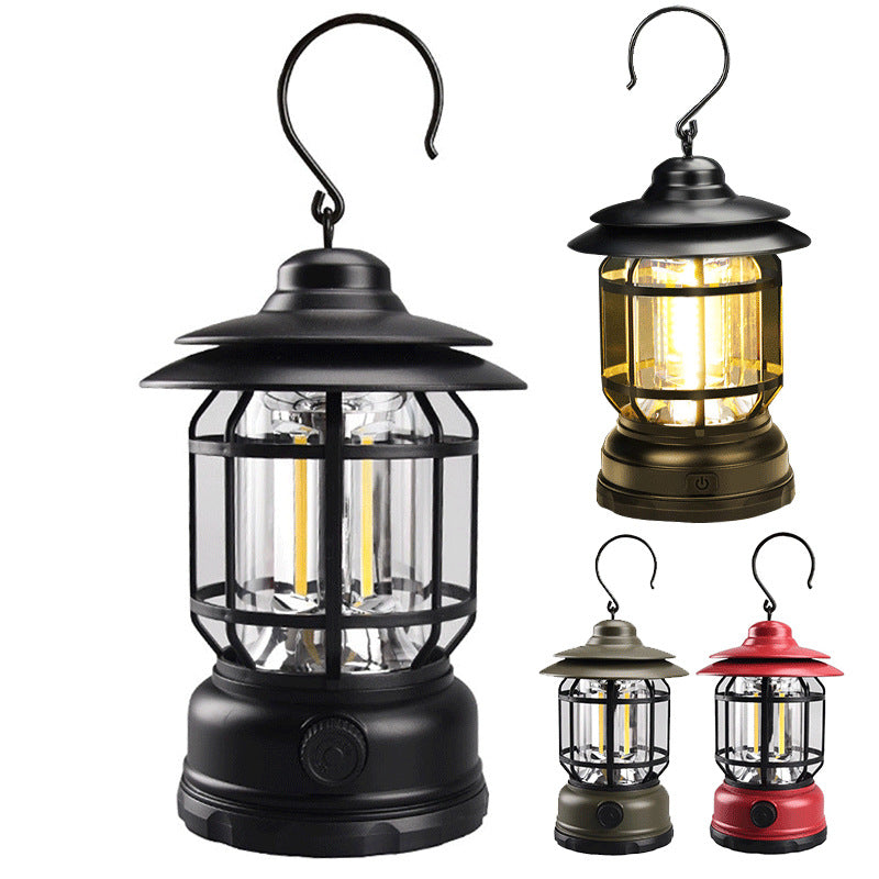 Retro COB Rechargeable Camping Lantern - Portable Multi-Function Tent Light