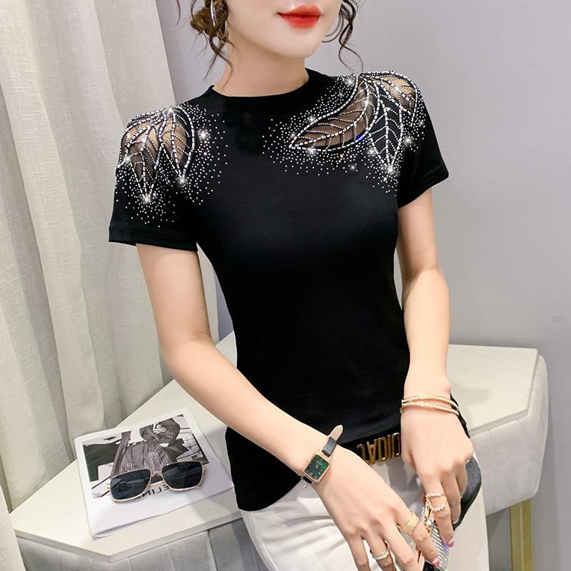 Cross-Border European Station Spring and Summer New Short-Sleeve Round-Neck Fashion Hollow Lace Rhinestone Slim-Fit Slimming T-Shirt for Women Wholesale