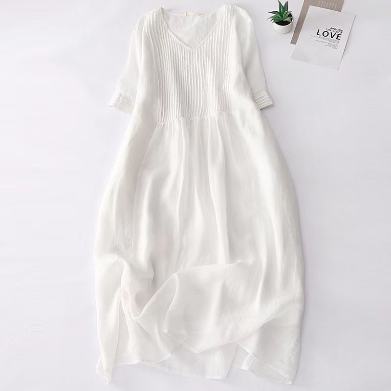 Vintage Organ Pleated Design Half Sleeve Dress Women's Artistic Solid Color V-neck Cotton Linen Cool Slimming Mid-length Dress