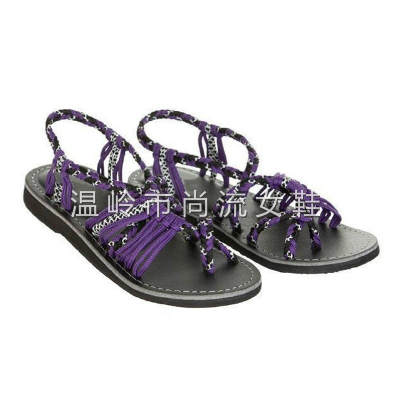 Wish Amazon 2025 Summer European and American Color Block Knot Beach Toe Foreign Trade Large Size Women's Sandals 43 Sizes