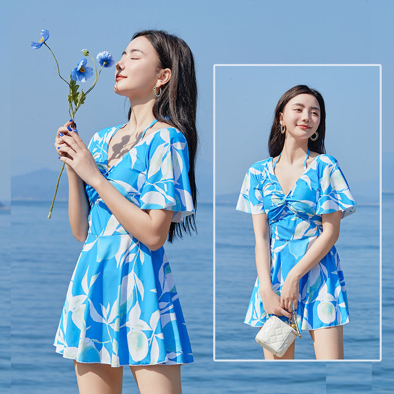 New women's swimsuit U-shaped backless design one-piece skirt safety pants anti-exposure plus chest pad small fresh swimsuit