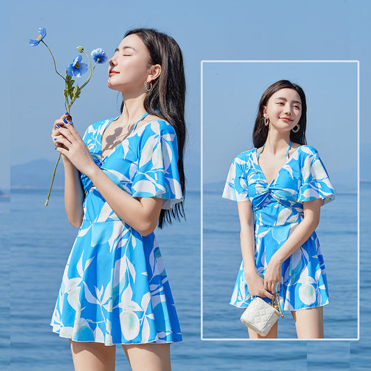New women's swimsuit U-shaped backless design one-piece skirt safety pants anti-exposure plus chest pad small fresh swimsuit