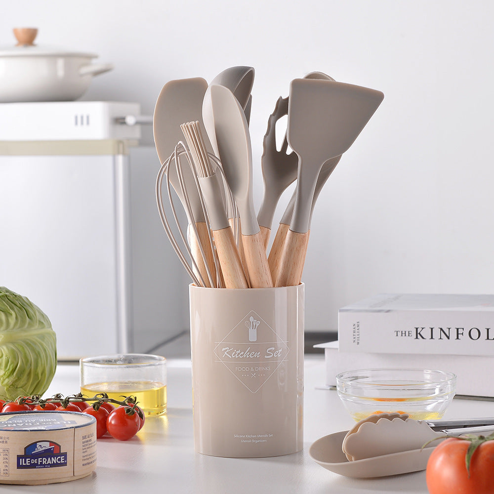 Wholesale Wooden Handle Silicone Kitchenware 12 Pieces suit Household Non-Stick Cooking High Temperature Resistant Cooking Silicone Spoon suit