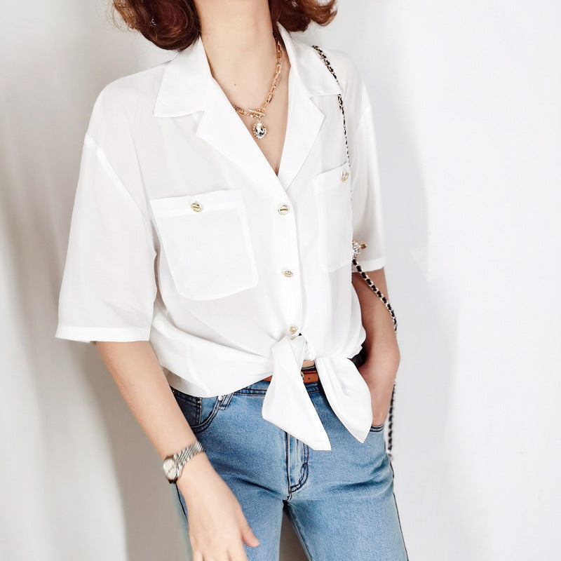 Summer Special Offer: Retro Simple Suit Collar White Short-Sleeve Silk Shirt for Women, Sand-Washed Double-Pocket Shirt with Metal Buttons