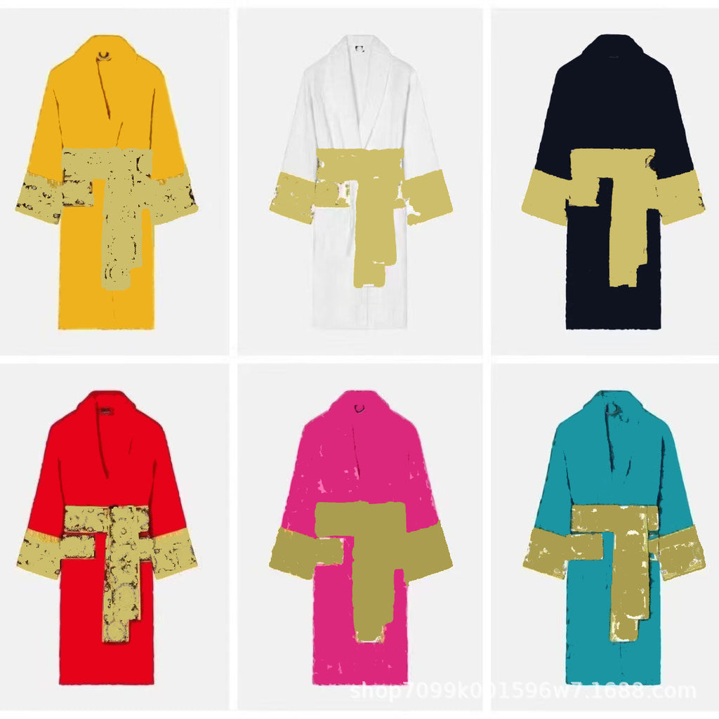 Unisex Pure Cotton Bathrobe - All-Season Lettered Couple's Long Bathrobe