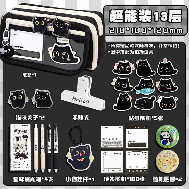 Cat Pencil Case, High Aesthetic Value, Large Capacity, Ins-Style Transparent Korean Version Storage Bag, Cool Black Style Stationery Bag for Study and Office Use