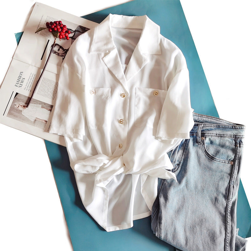 Summer Special Offer: Retro Simple Suit Collar White Short-Sleeve Silk Shirt for Women, Sand-Washed Double-Pocket Shirt with Metal Buttons