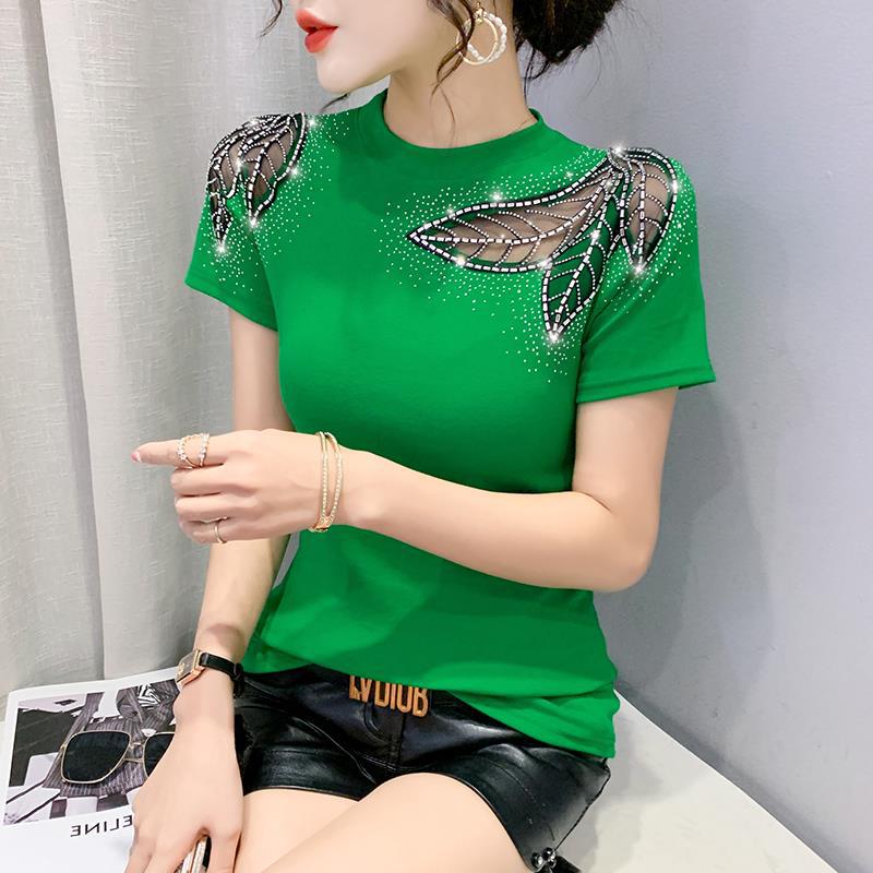 Cross-Border European Station Spring and Summer New Short-Sleeve Round-Neck Fashion Hollow Lace Rhinestone Slim-Fit Slimming T-Shirt for Women Wholesale