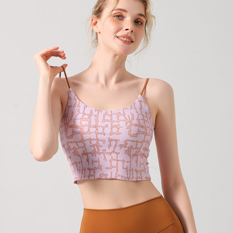 European and American Foreign Trade French Retro Printed Sling Chest Mat Vest Sports Top Yoga Clothing Women's Short Fitness Underwear