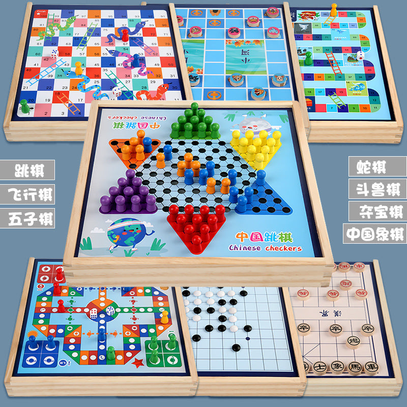 Wooden Children's Educational Nine-in-One Multifunctional Game Chess Checkers Flying Chess Gobang Colosseum Chess Toy