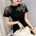 Cross-Border European Station Spring and Summer New Short-Sleeve Round-Neck Fashion Hollow Lace Rhinestone Slim-Fit Slimming T-Shirt for Women Wholesale