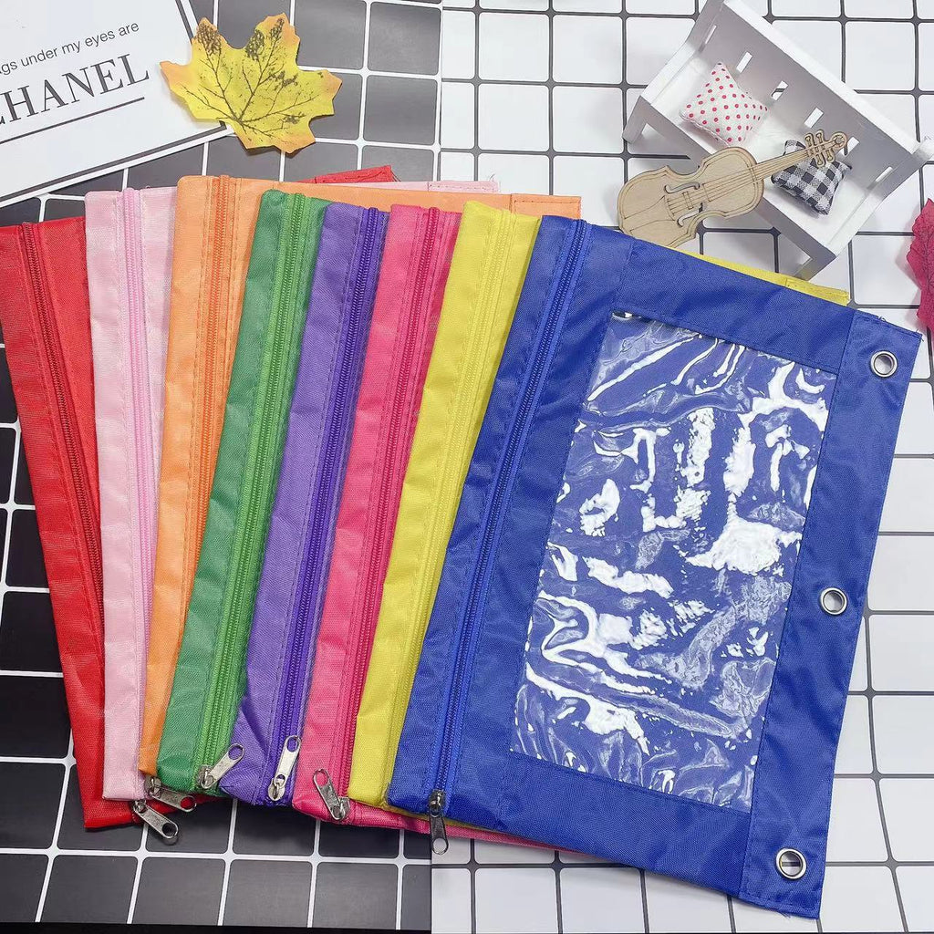 Large Capacity Oxford Cloth Pencil Case - 3-Hole Transparent Colorful Student Stationery Bag