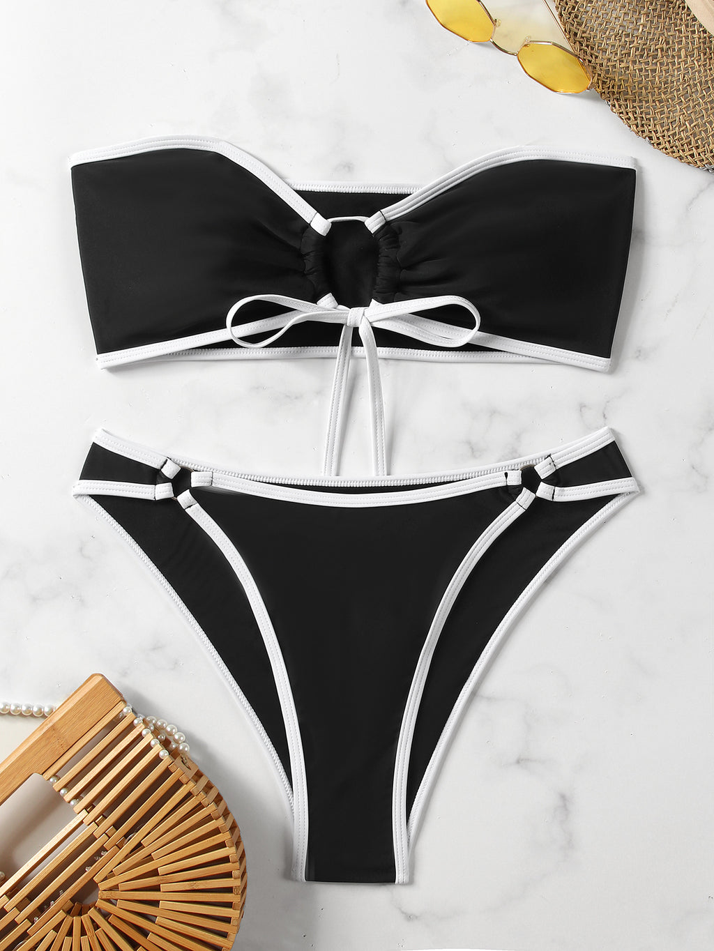 Sexy Bandeau Bikini Swimsuit - Solid Color Two-Piece with Chest Pads for Women