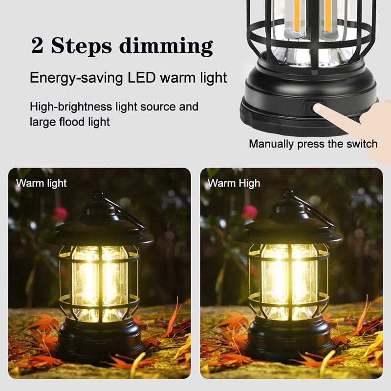 Retro COB Rechargeable Camping Lantern - Portable Multi-Function Tent Light