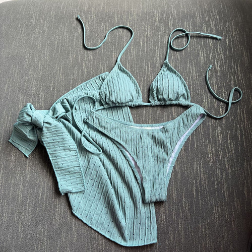 2025 European and American New Swimsuit Three-Piece Backless Drawstring Strap Bikini Bikini Three-Piece Swimsuit