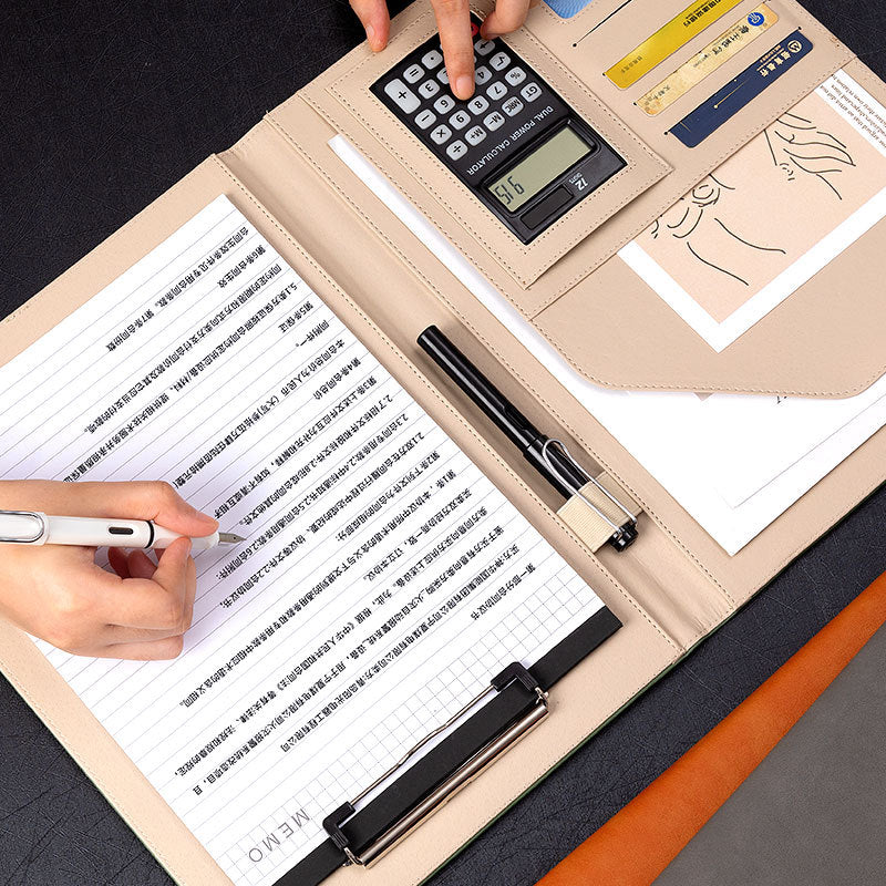 A4 Leather Folder Customized Business Multi-Functional 4S Sales Manager Talks about Single Measuring Room Folder with Calculator Board Clip