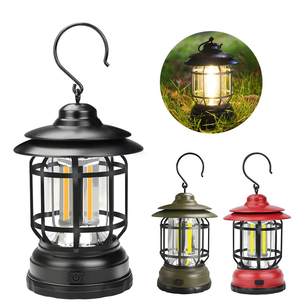 Retro COB Rechargeable Camping Lantern - Portable Multi-Function Tent Light