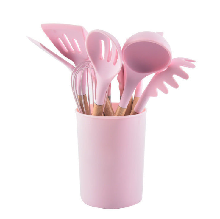 Wholesale Wooden Handle Silicone Kitchenware 12 Pieces suit Household Non-Stick Cooking High Temperature Resistant Cooking Silicone Spoon suit