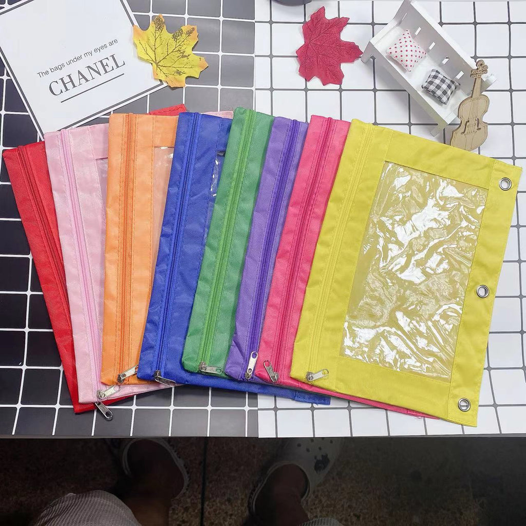 Large Capacity Oxford Cloth Pencil Case - 3-Hole Transparent Colorful Student Stationery Bag