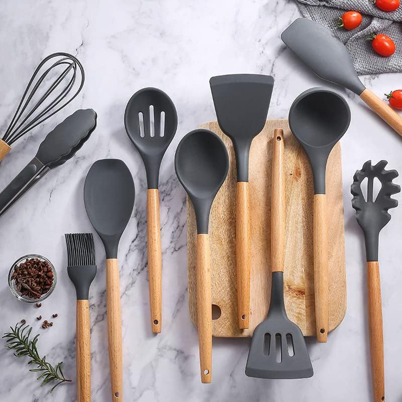 Wholesale Wooden Handle Silicone Kitchenware 12 Pieces suit Household Non-Stick Cooking High Temperature Resistant Cooking Silicone Spoon suit