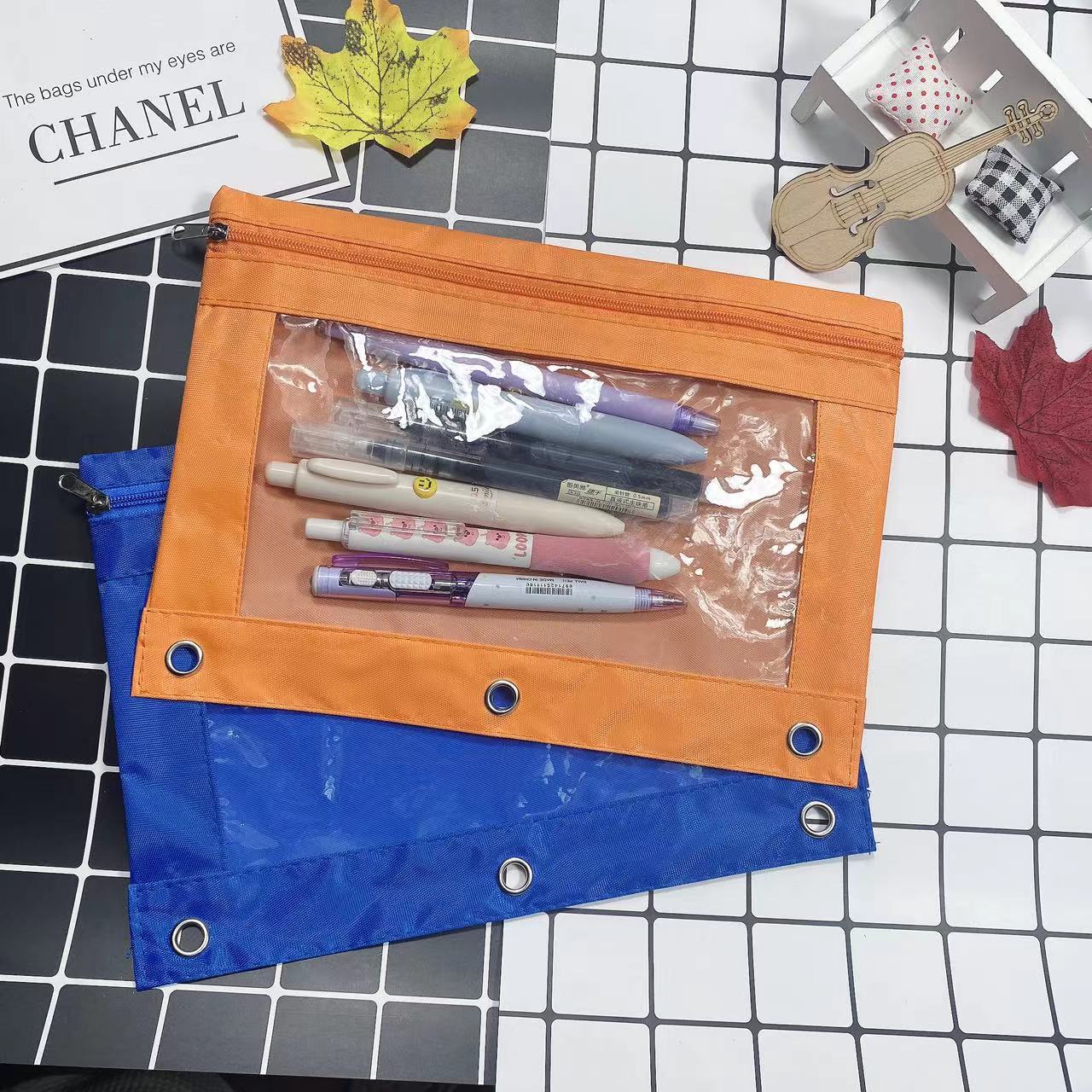Large Capacity Oxford Cloth Pencil Case - 3-Hole Transparent Colorful Student Stationery Bag