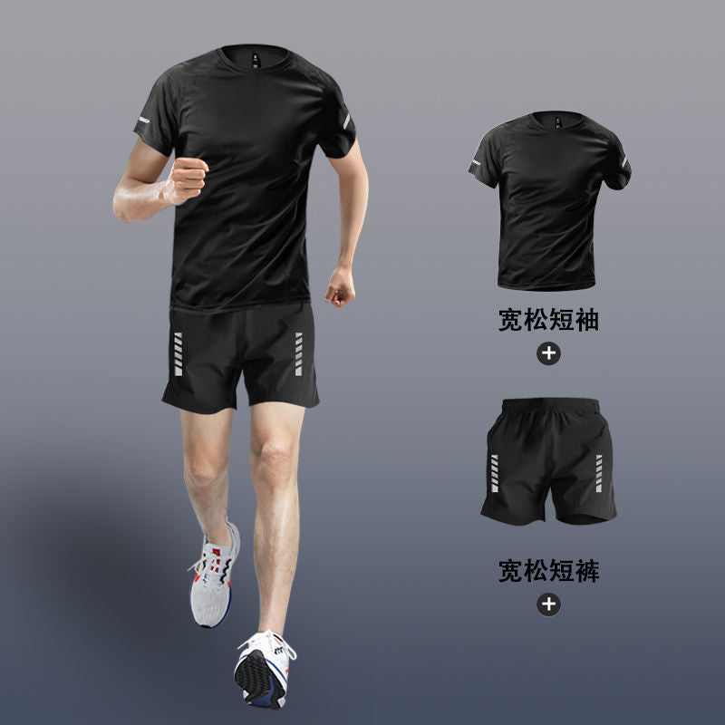 Sports suit Men's Fitness Clothes Summer Tights Thin Ice Silk Quick-drying Short-sleeved Running Shorts Casual Morning Running Clothes