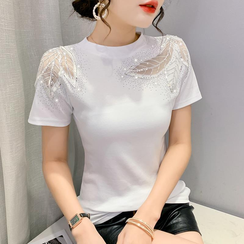 Cross-Border European Station Spring and Summer New Short-Sleeve Round-Neck Fashion Hollow Lace Rhinestone Slim-Fit Slimming T-Shirt for Women Wholesale