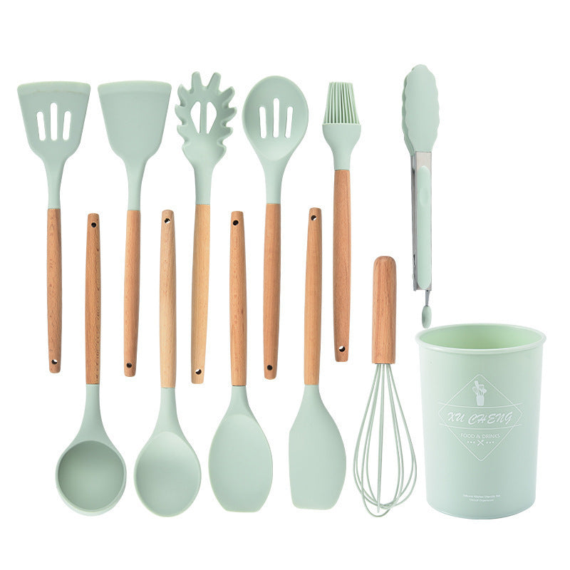 Wholesale Wooden Handle Silicone Kitchenware 12 Pieces suit Household Non-Stick Cooking High Temperature Resistant Cooking Silicone Spoon suit