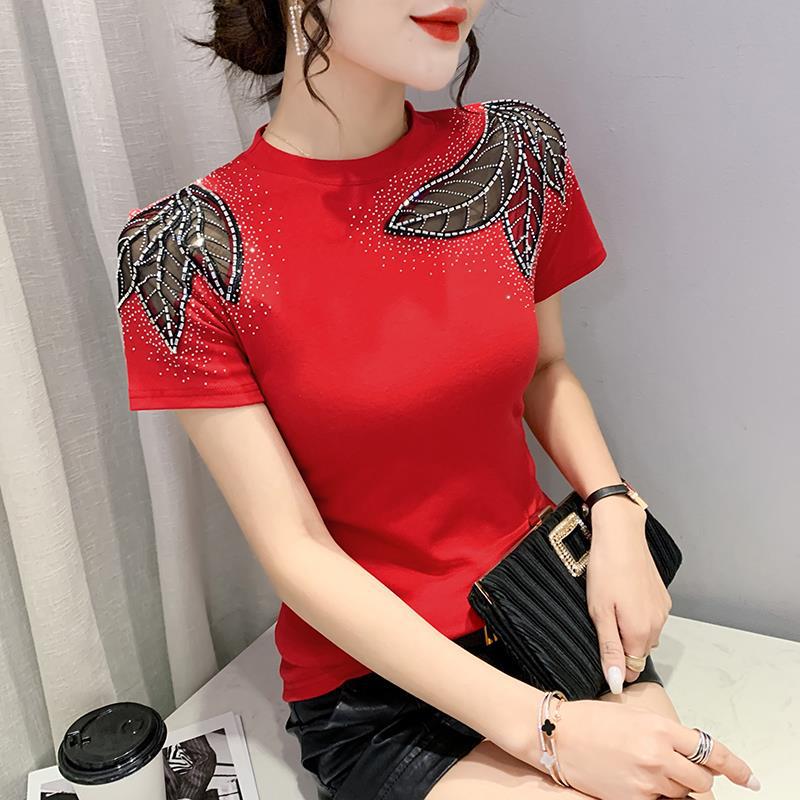 Cross-Border European Station Spring and Summer New Short-Sleeve Round-Neck Fashion Hollow Lace Rhinestone Slim-Fit Slimming T-Shirt for Women Wholesale