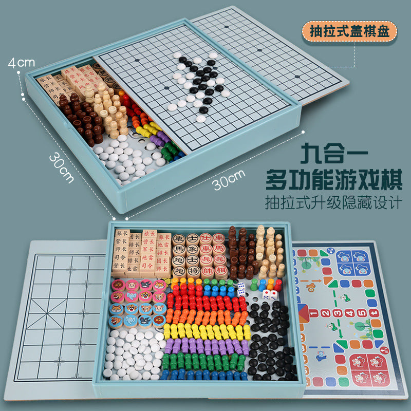 Wooden Children's Educational Nine-in-One Multifunctional Game Chess Checkers Flying Chess Gobang Colosseum Chess Toy