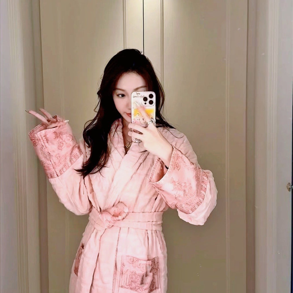 Unisex Pure Cotton Bathrobe - All-Season Lettered Couple's Long Bathrobe