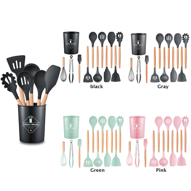 Wholesale Wooden Handle Silicone Kitchenware 12 Pieces suit Household Non-Stick Cooking High Temperature Resistant Cooking Silicone Spoon suit