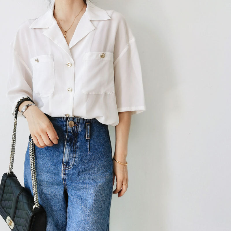 Summer Special Offer: Retro Simple Suit Collar White Short-Sleeve Silk Shirt for Women, Sand-Washed Double-Pocket Shirt with Metal Buttons