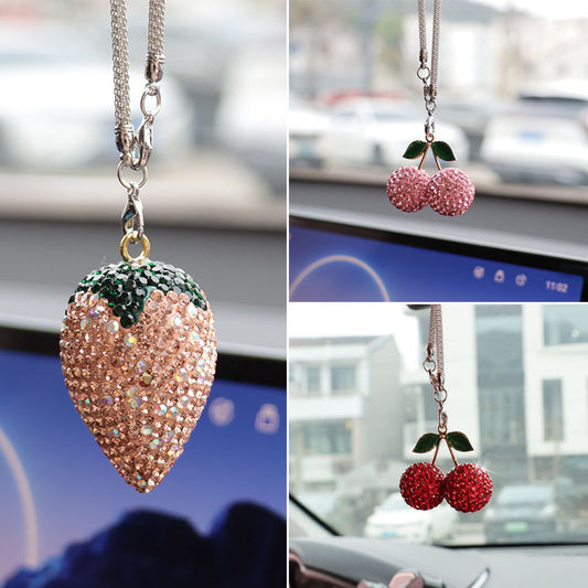 Cherry & Strawberry Rhinestone Car Pendant - Interior Decoration Accessory