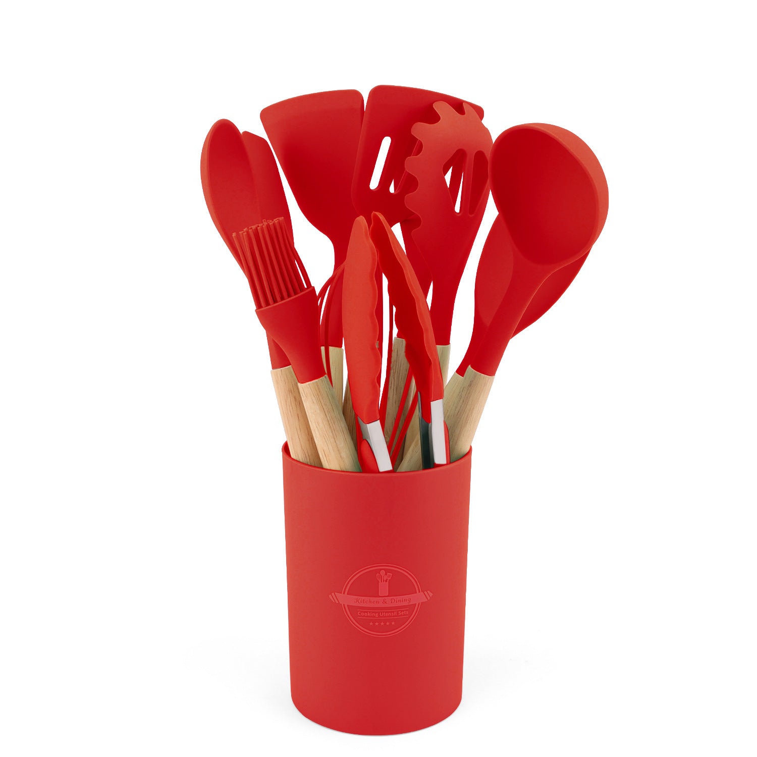 Wholesale Wooden Handle Silicone Kitchenware 12 Pieces suit Household Non-Stick Cooking High Temperature Resistant Cooking Silicone Spoon suit