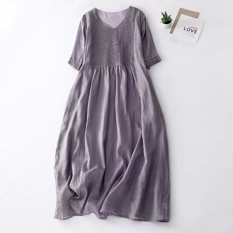 Vintage Organ Pleated Design Half Sleeve Dress Women's Artistic Solid Color V-neck Cotton Linen Cool Slimming Mid-length Dress